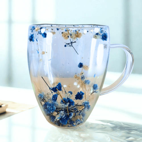 Taza de Vidrio Flores Eternas- Statices Azules 200 ml.