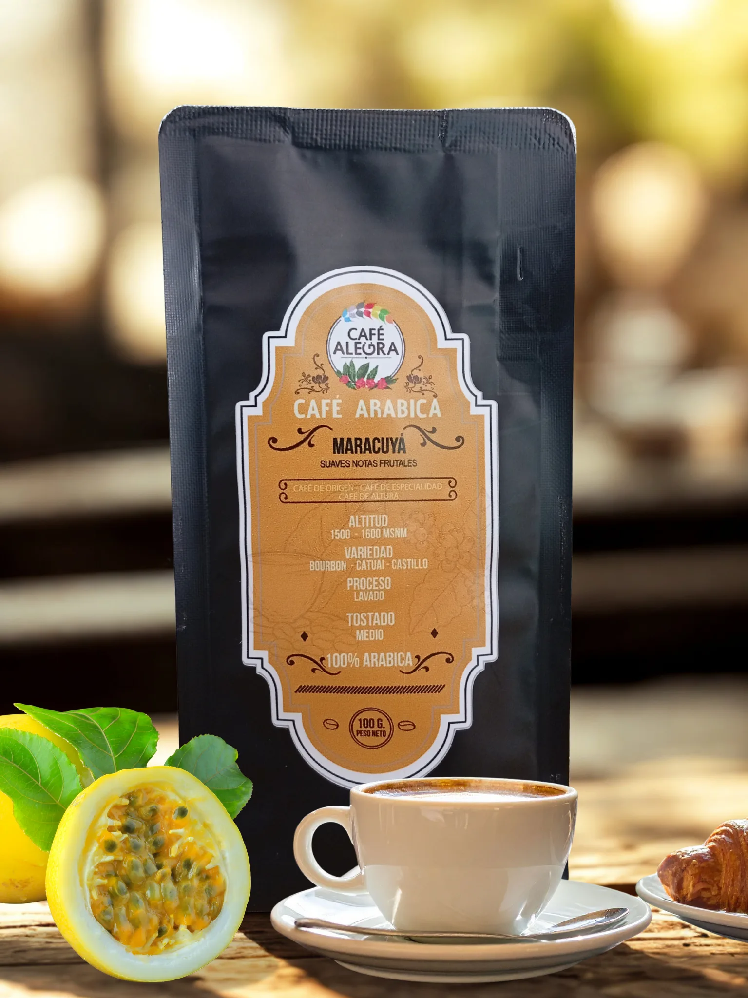 Café de especialidad con Maracuyá – 100 Grs. Un café 100 % arábica con notas cítricas y tropicales de maracuyá, refrescante y sorprendente.