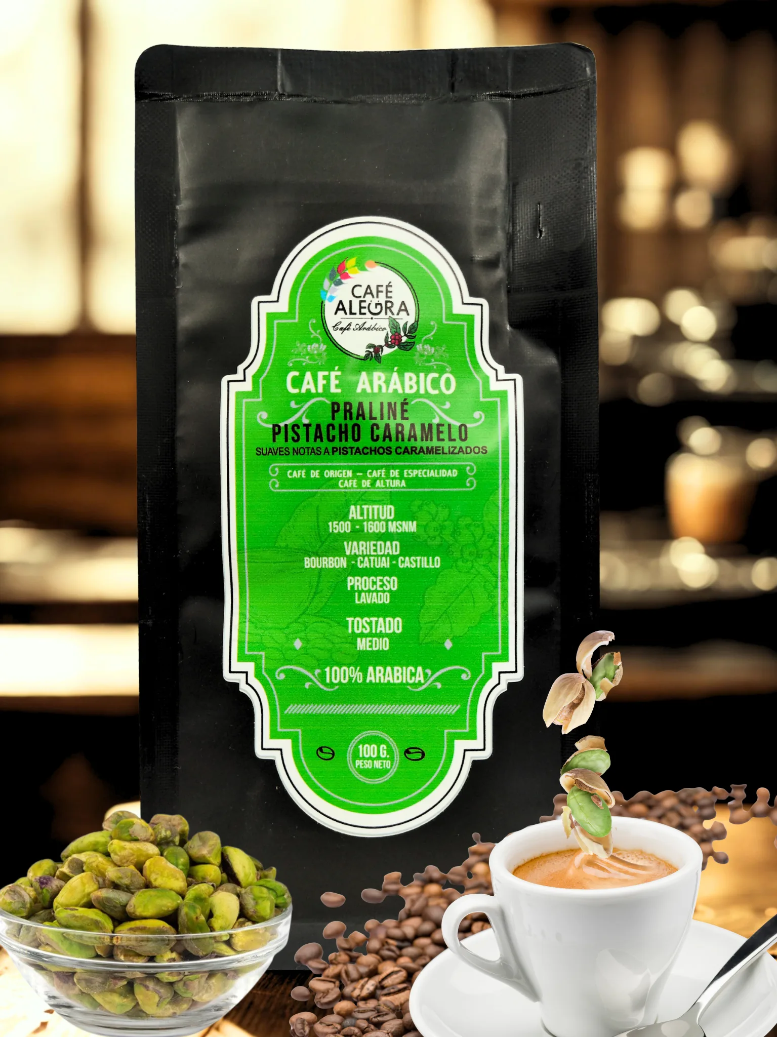 Café de especialidad Pistacho Amaretto & Caramelo – 100 Grs. Un café 100 % arábica que une la suavidad del pistacho, el toque elegante del amaretto y la dulzura envolvente del caramelo.