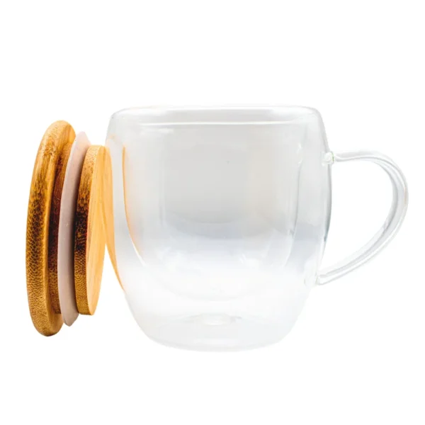 Taza de Vidrio con Tapa Anti Derrame 200ml